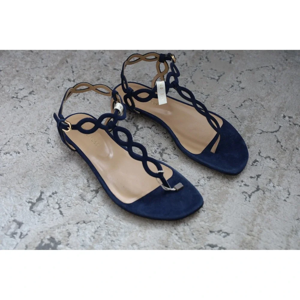 Sergio Rossi Navy‎ Suede Braided Ankle Strap Flat Sandals Size 35.5